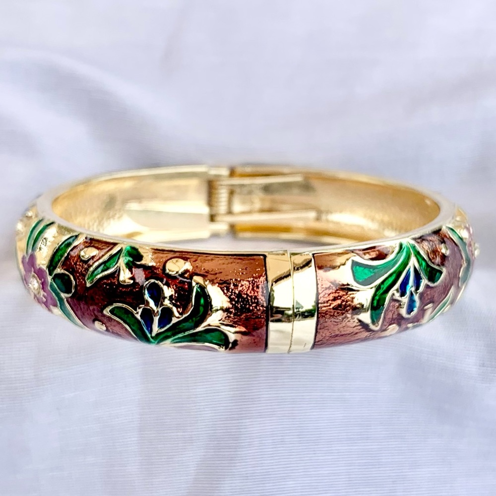 Cloisonné Floral Bangle Bracelet ~ Brown and Green